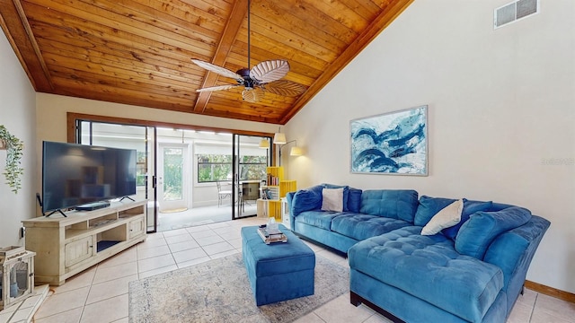 living room with visible vents, ceiling fan, lofted ceiling, light tile patterned floors, and wooden ceiling