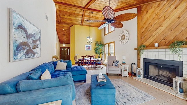 living area with visible vents, a tiled fireplace, tile patterned flooring, wood ceiling, and ceiling fan