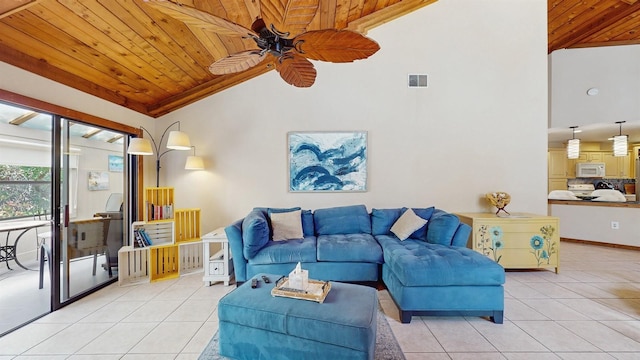 living room featuring wooden ceiling, light tile patterned flooring, a ceiling fan, and visible vents