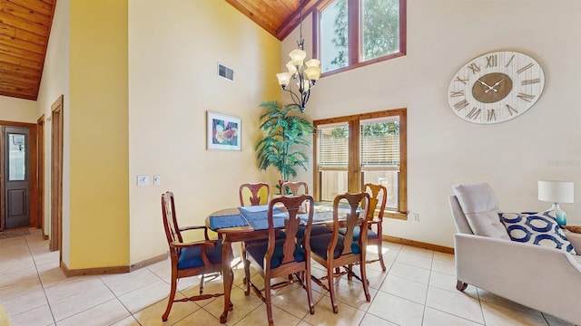 dining area with a notable chandelier, wood ceiling, visible vents, and light tile patterned flooring