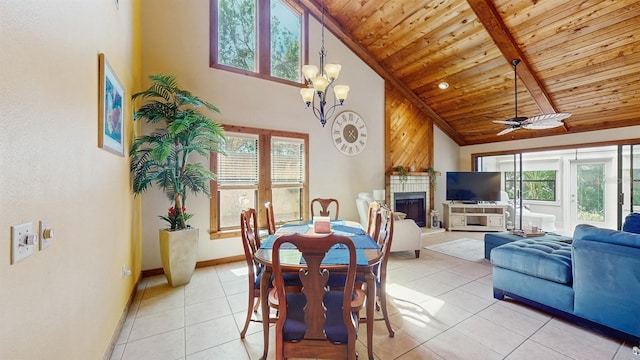 dining room with light tile patterned floors, wood ceiling, plenty of natural light, and a large fireplace