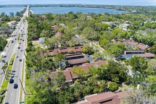 aerial view featuring a water view