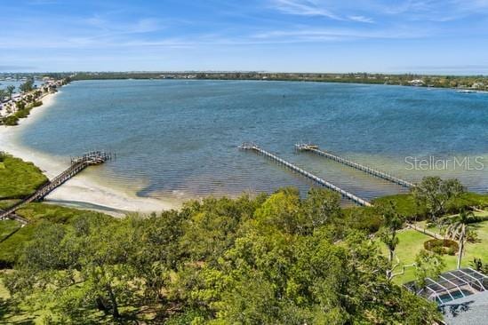 drone / aerial view featuring a water view