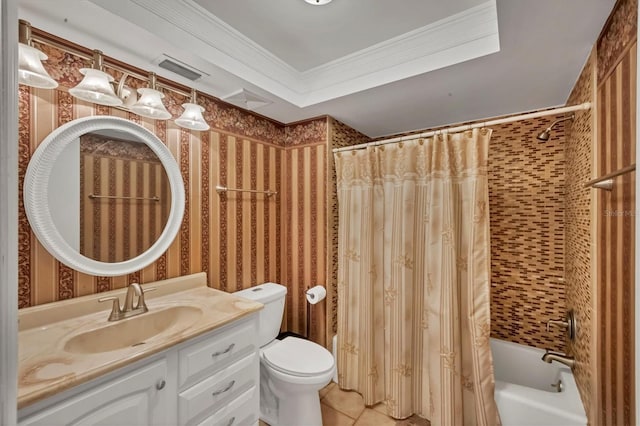 full bathroom featuring visible vents, toilet, ornamental molding, vanity, and shower / bathtub combination with curtain