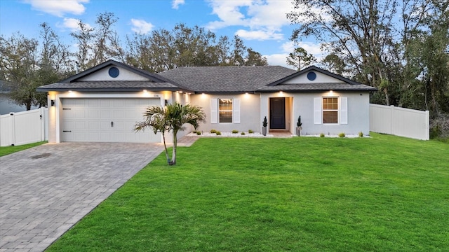 ranch-style home featuring a garage, a front yard, decorative driveway, and fence