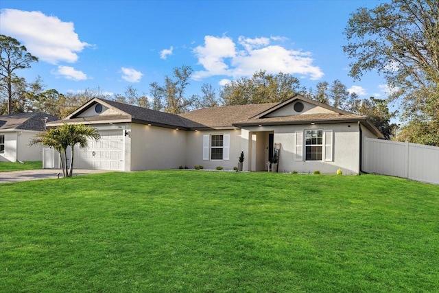 ranch-style home with an attached garage, fence, concrete driveway, stucco siding, and a front lawn