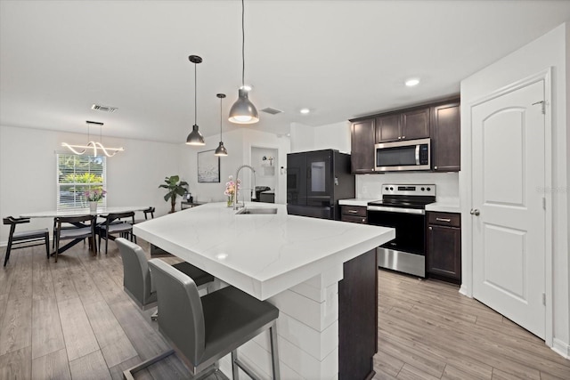 kitchen featuring stainless steel appliances, light wood finished floors, a sink, and dark brown cabinetry