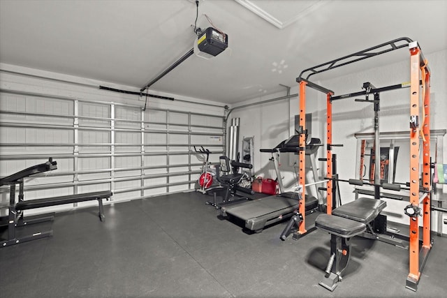 workout room with a garage