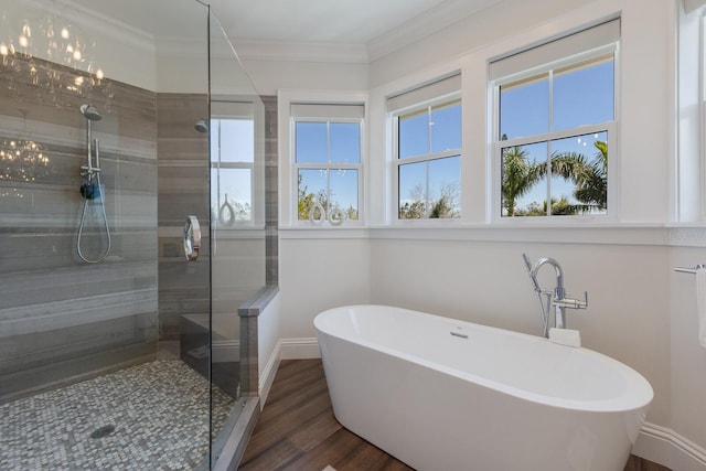 bathroom featuring a wealth of natural light, wood finished floors, ornamental molding, and a shower stall