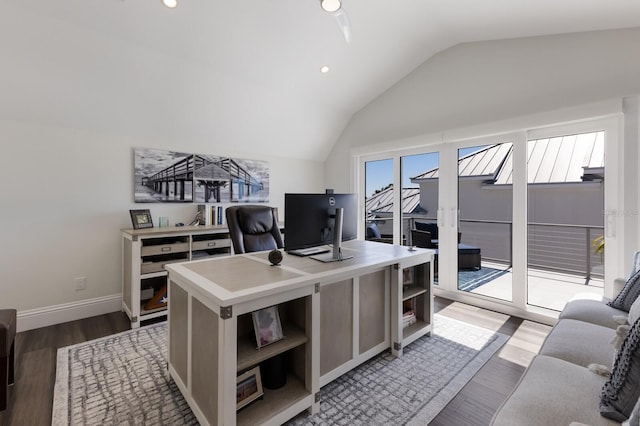 office area featuring recessed lighting, baseboards, wood finished floors, and vaulted ceiling