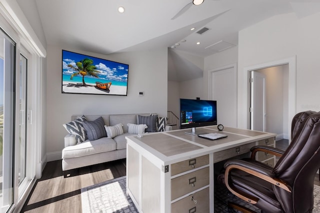 office area featuring visible vents, recessed lighting, baseboards, and wood finished floors