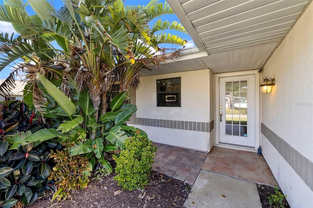 view of exterior entry with stucco siding