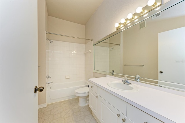 bathroom with toilet, shower / tub combination, vanity, and visible vents