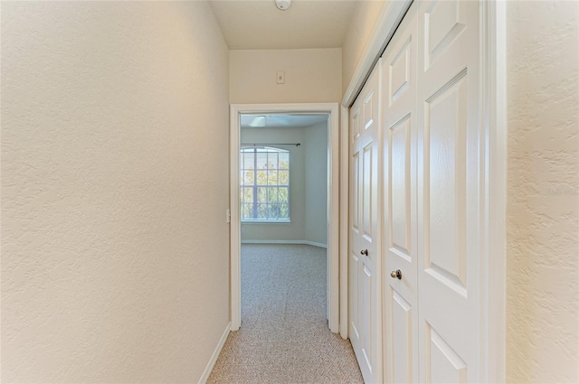 corridor featuring light colored carpet, a textured wall, and baseboards