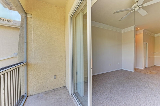 balcony featuring ceiling fan