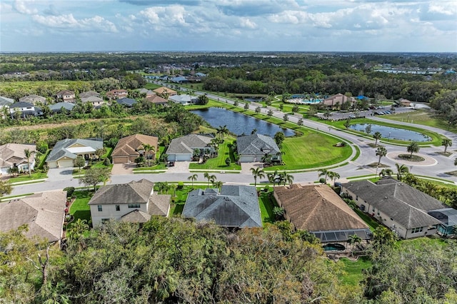 birds eye view of property featuring a water view and a residential view