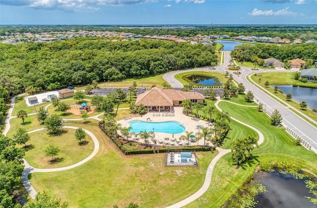 birds eye view of property featuring a water view