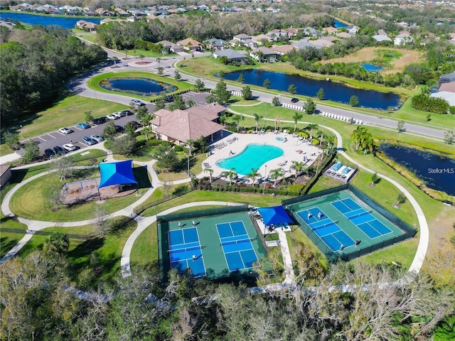 drone / aerial view with a water view