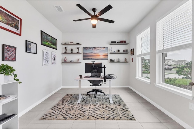 tiled office space with ceiling fan, visible vents, and baseboards