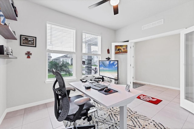 home office featuring ceiling fan, visible vents, baseboards, and light tile patterned flooring