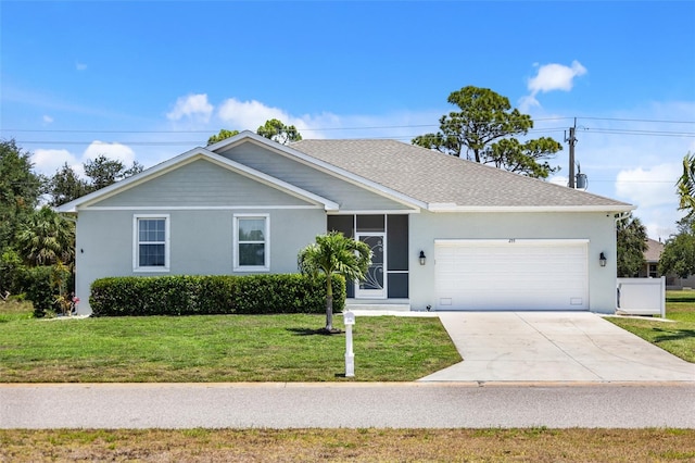 ranch-style home featuring roof with shingles, stucco siding, concrete driveway, an attached garage, and a front lawn