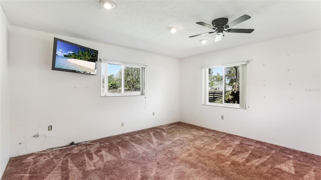 unfurnished room featuring carpet floors, plenty of natural light, a textured ceiling, and a ceiling fan