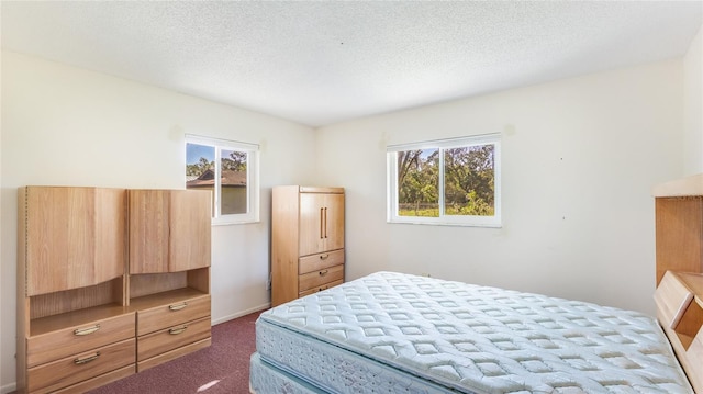 bedroom featuring a textured ceiling, multiple windows, and dark carpet