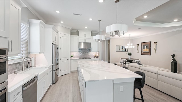 kitchen featuring stainless steel appliances, open floor plan, a sink, a kitchen island, and under cabinet range hood