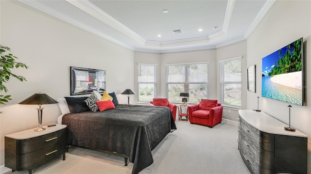 bedroom with light carpet, visible vents, a raised ceiling, ornamental molding, and recessed lighting