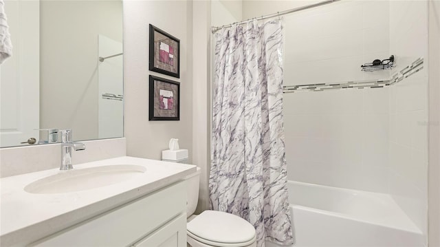 bathroom featuring shower / bathtub combination with curtain, vanity, and toilet