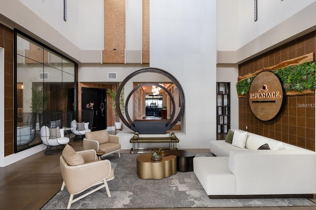 community lobby with a high ceiling