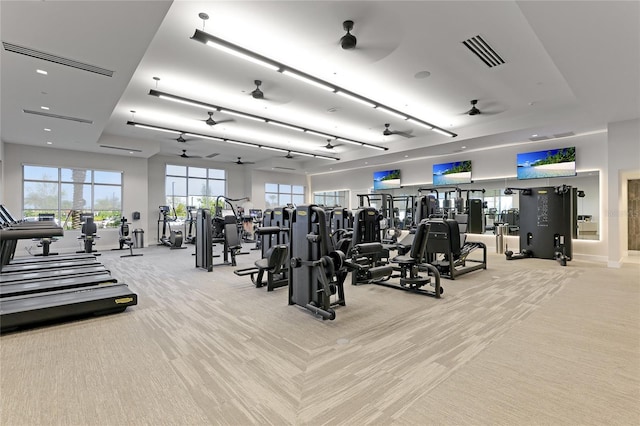 gym with a ceiling fan and light carpet