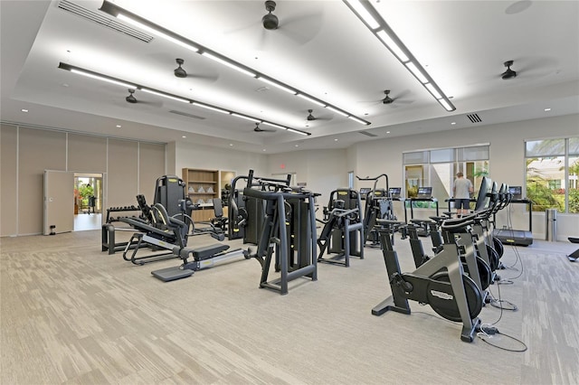 exercise room featuring a ceiling fan and light carpet