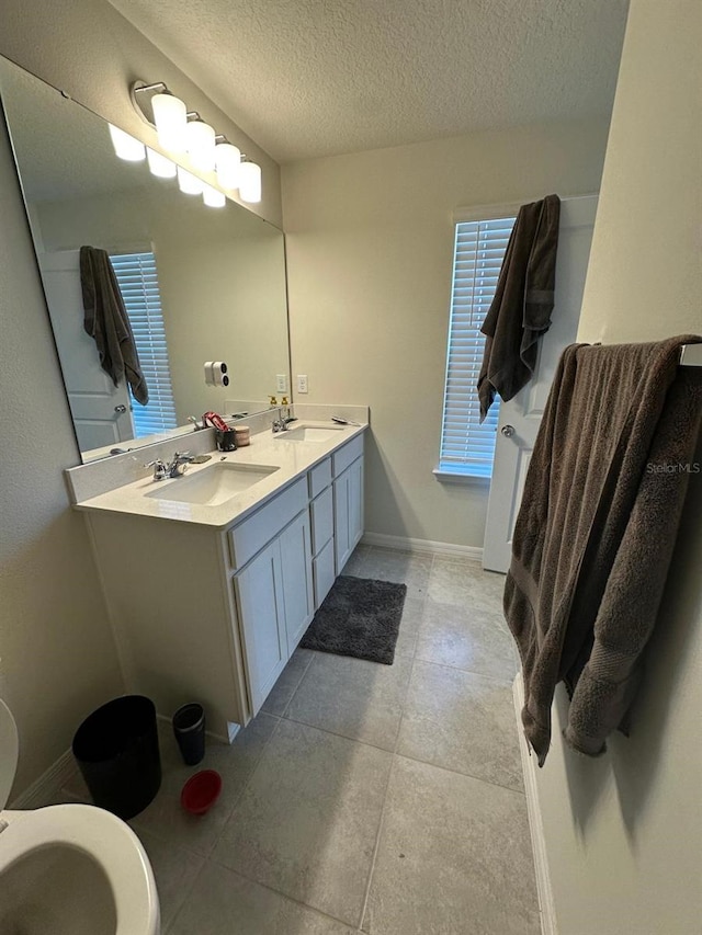 bathroom featuring a sink, a textured ceiling, baseboards, and double vanity