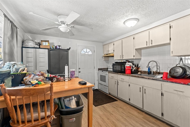 kitchen featuring under cabinet range hood, white electric range, light wood-style floors, black microwave, and a sink