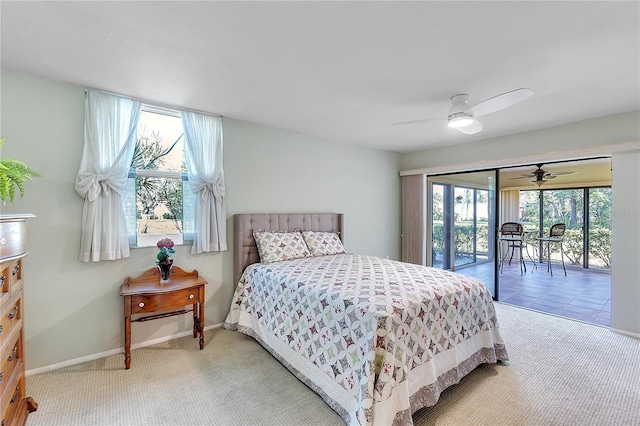 bedroom with ceiling fan, access to outside, carpet, and baseboards