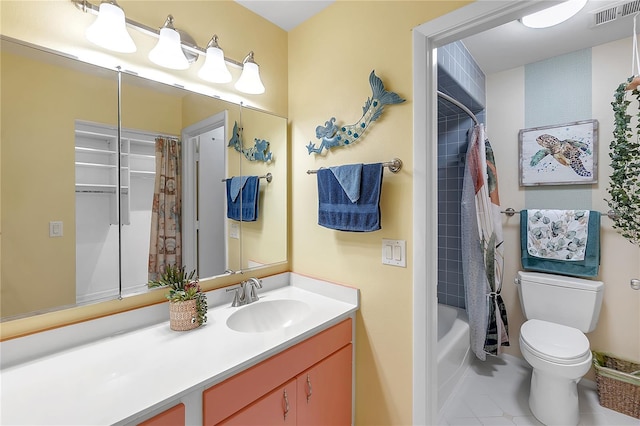 full bathroom with tile patterned flooring, toilet, vanity, visible vents, and shower / bath combo