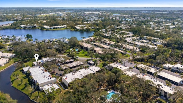 aerial view featuring a water view