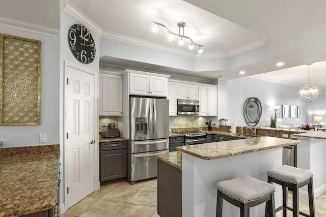 kitchen with light stone counters, ornamental molding, stainless steel appliances, a kitchen bar, and a raised ceiling