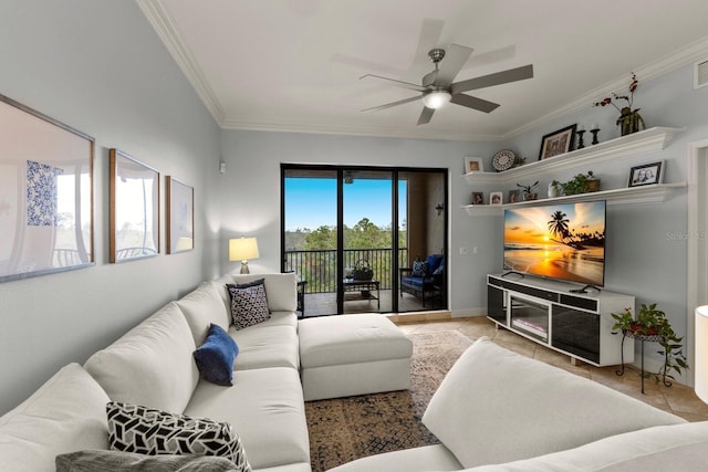 tiled living area with visible vents, crown molding, and a ceiling fan