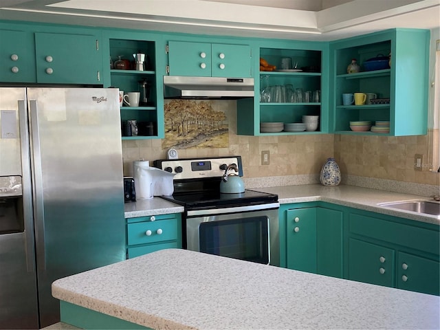 kitchen featuring open shelves, stainless steel appliances, light countertops, backsplash, and under cabinet range hood