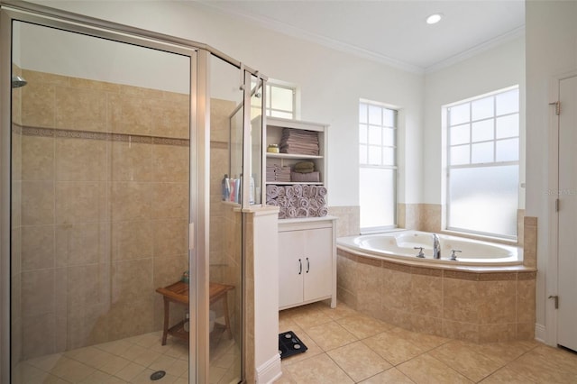 full bath with a bath, tile patterned floors, a stall shower, and crown molding