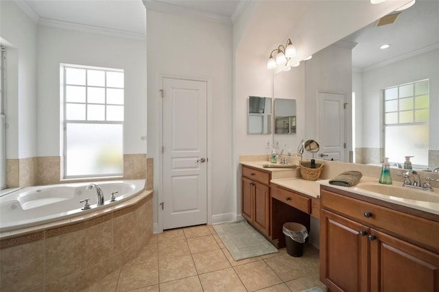 full bathroom featuring a garden tub, a sink, crown molding, tile patterned flooring, and double vanity