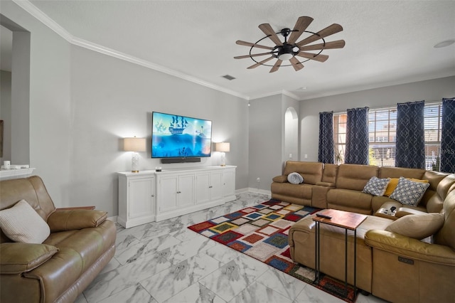 living area featuring crown molding, baseboards, and marble finish floor