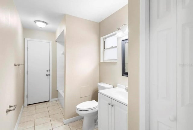 full bathroom featuring shower / bath combination, toilet, vanity, tile patterned flooring, and baseboards