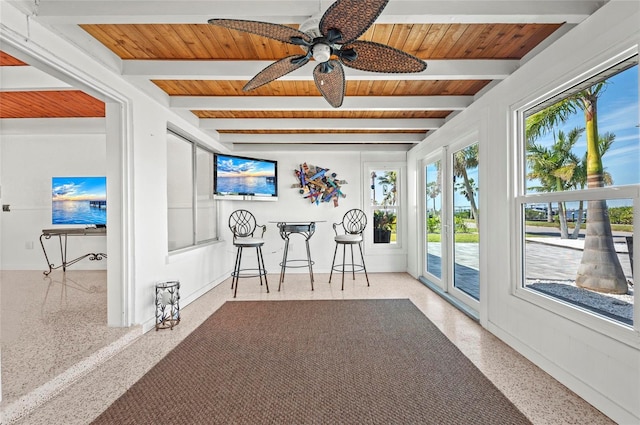 sunroom / solarium featuring wooden ceiling and beamed ceiling