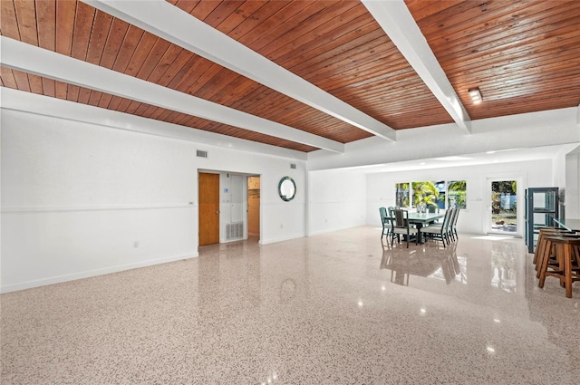 interior space featuring speckled floor, wood ceiling, visible vents, baseboards, and beamed ceiling