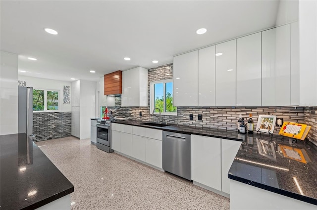 kitchen with stainless steel appliances, white cabinets, a sink, and modern cabinets