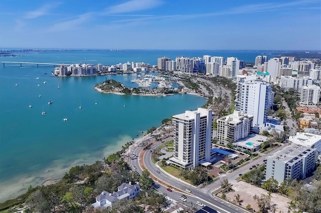 bird's eye view featuring a water view and a city view