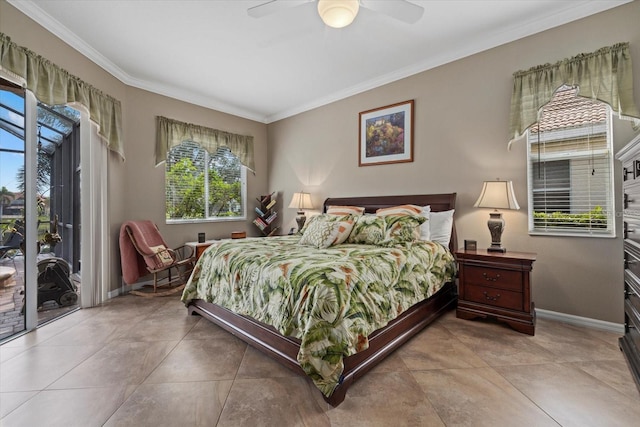 tiled bedroom with access to outside, ornamental molding, ceiling fan, and baseboards